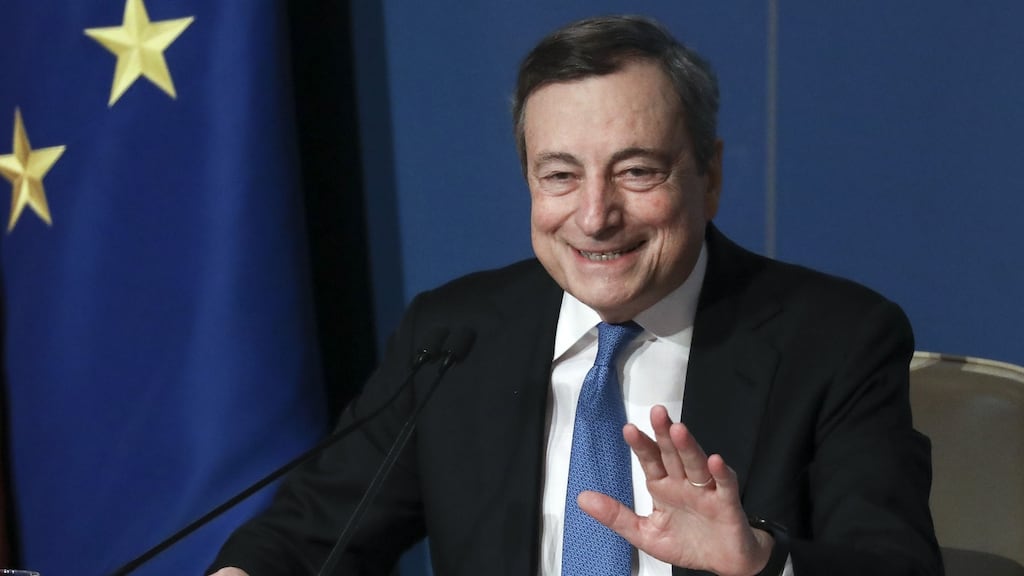 Italy’s prime minister Mario Draghi during his end-of-year address in Rome on Wednesday. Photograph: Alessia Pierdomenico/Bloomberg