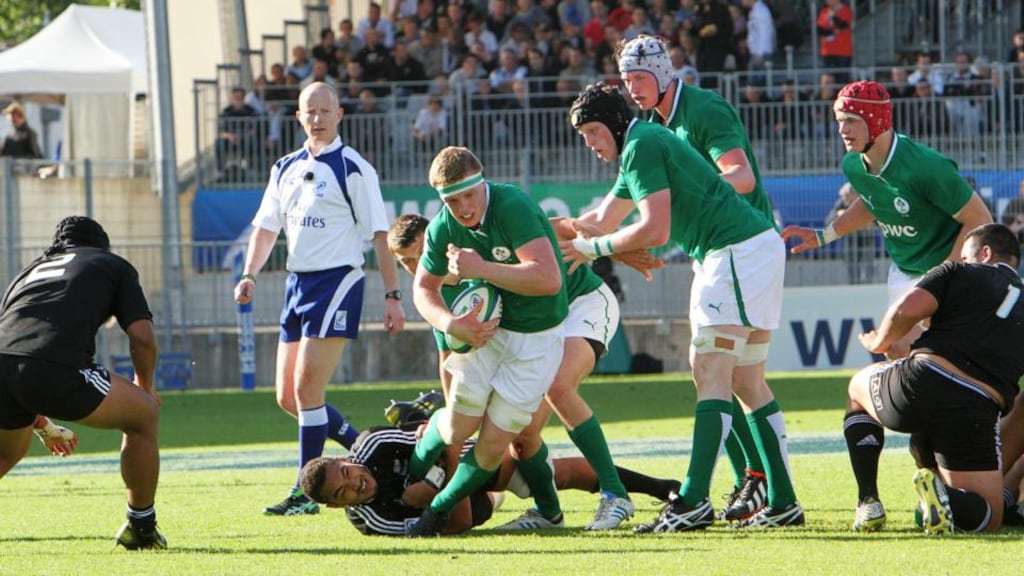 Ireland’s Dan Leavy makes the hard yards in the IRB Junior World Championship Group B game against New Zealand. Photograph: InphoŽ