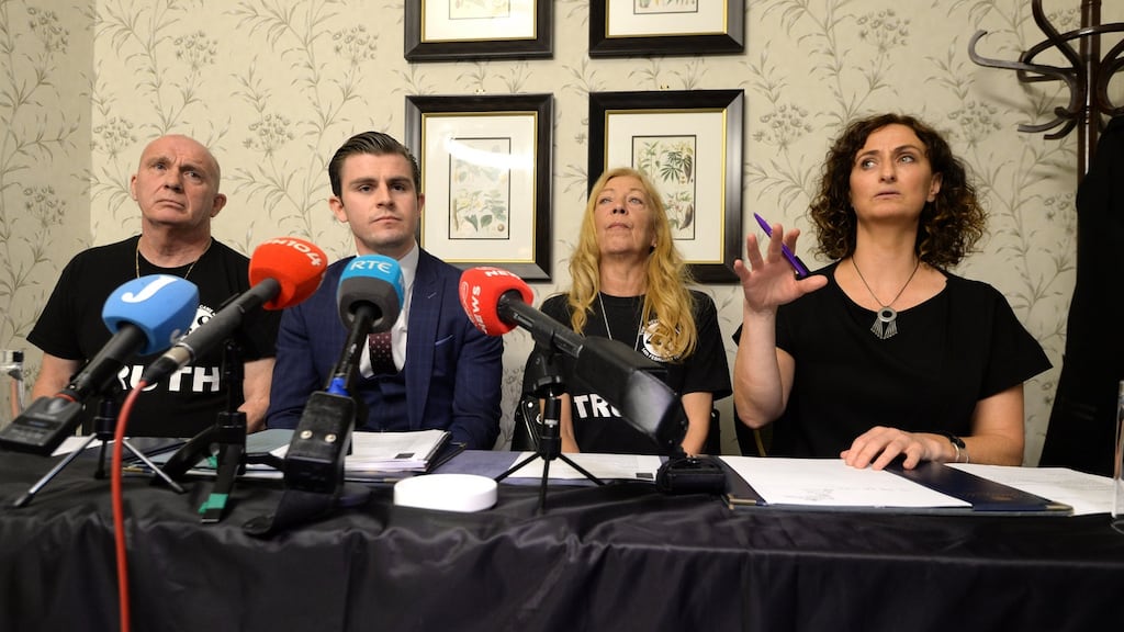 Eugene Kelly, solicitor Darragh Mackin, Antoinette Keegan and MEP Lynn Boylan, at a press conference by the Stardust victims’ families group following the announcement of new inquests. Photograph: Dara Mac Dónaill