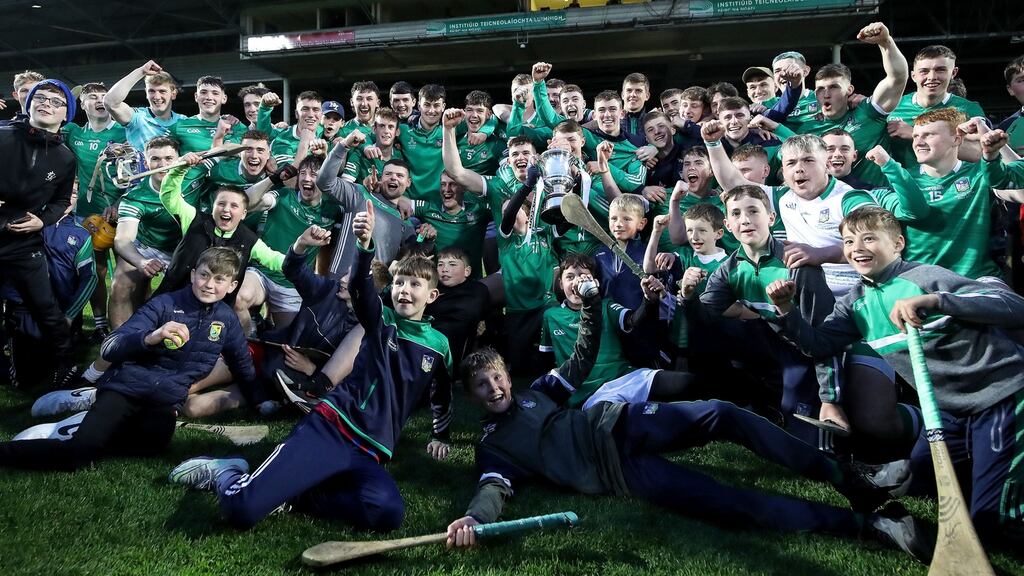 Limerick U20 hurlers celebrate their Munster final win over Tipperary at  TUS Gaelic Grounds, Limerick. Photograph: Laszlo Geczo/Inpho
