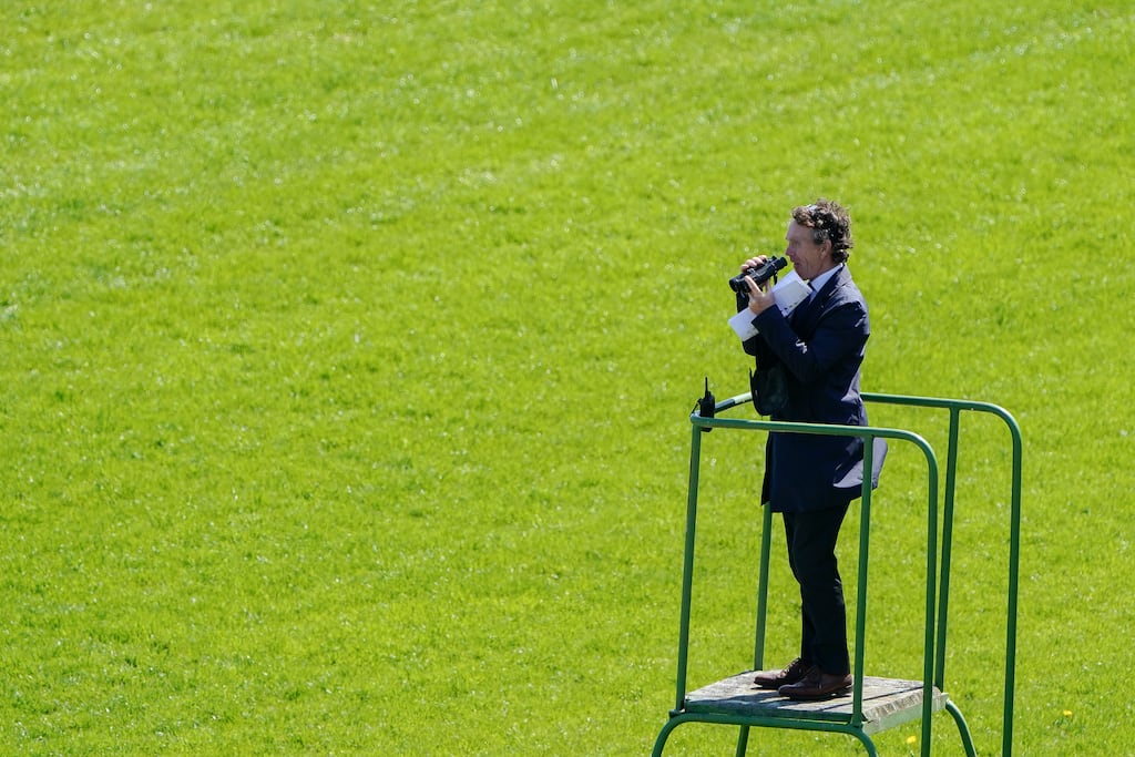 Clerk of the course Lorcan Wyer observes the action at Leopardstown. Photograph: Alan Crowhurst/Getty Images