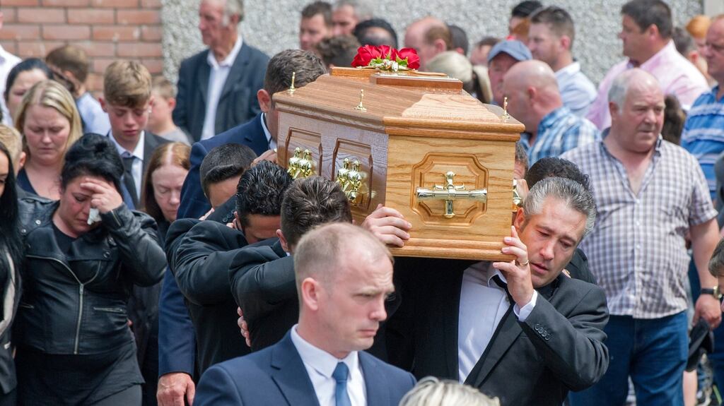 The remains of Patrick “Ginty” O’Donnell depart the Church of the Immaculate Conception, Ballindangan, Co Cork, following his requiem Mass. Photograph: Provision