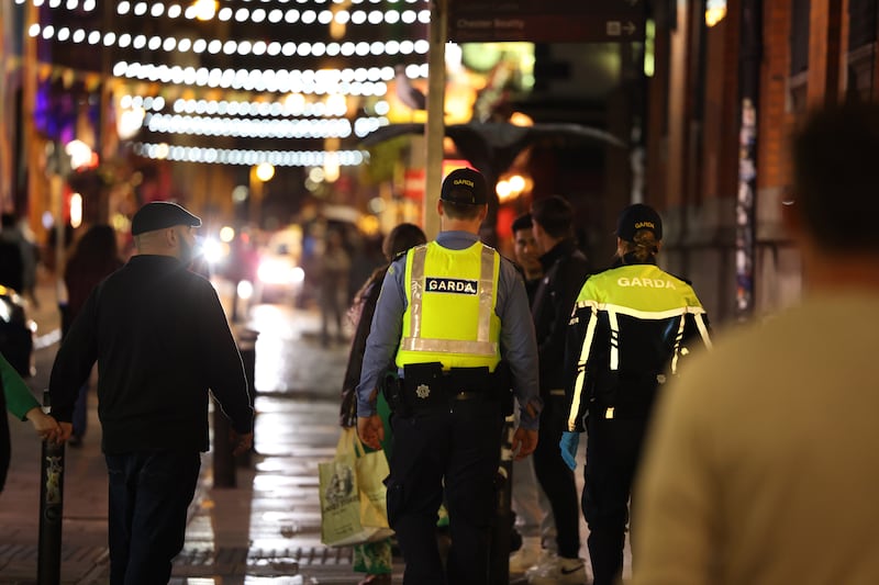 Gardaí on patrol in Temple Bar. Photograph: Dara Mac Dónaill