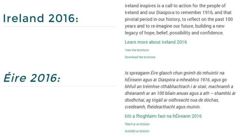 A screenshot taken from the ireland.ie website showing  one of the translations that have been called into question by online commentators.