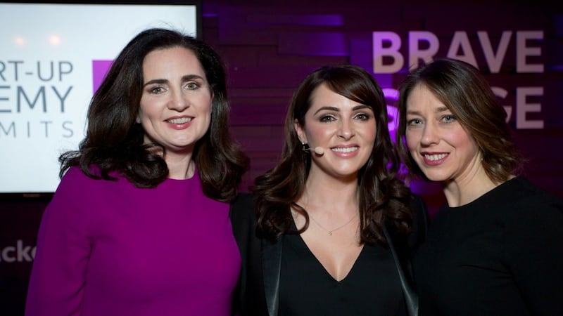 Ready to pitch: (L-R) Ciara Garvan of Workjuggle, MC Gráinne Seoige, and Emer Cooney of Hydrasure