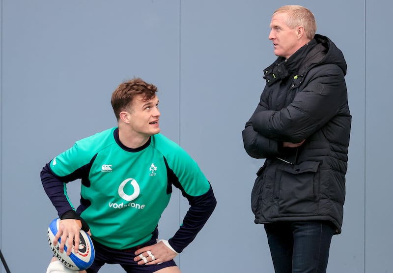 Josh van der Flier and Galway hurling manager Henry Shefflin
at Ireland Rugby Squad Training on Wednesday. Photograph: Dan Sheridan/Inpho