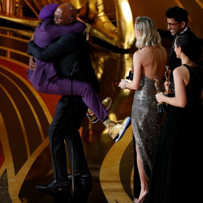 Oscars 2019: Spike Lee celebrates his win with Samuel L Jackson. Photograph: Mike Blake/Reuters