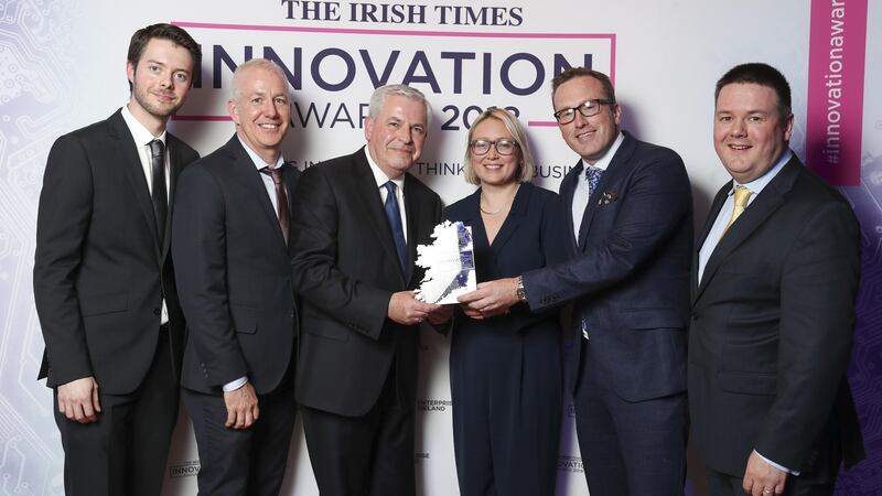 Innopharma’s Chris O’Callaghan, Luke Kiernan, Stephen Creaner (Enterprise Ireland), Eve Conboy, Ian Jones, and Sean Costello. The company won the manufacturing and design category, sponsored by Enterprise Ireland.