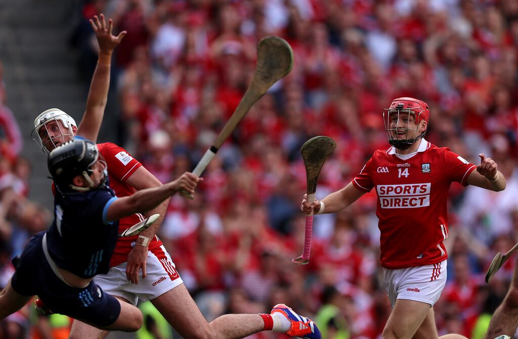 Cork’s Alan Connolly celebrates Tim O'Mahony scoring their side's sixth goal in the All-Ireland SHC semi-final against Dublin. Photograph: Leah Scholes/Inpho