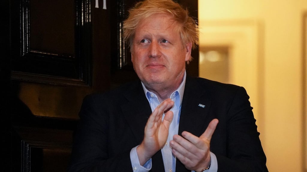 Boris Johnson applauding the NHS on April 2nd, before his admission to hospital with Covid-19. Photograph: Pippa Fowles/10 Downing Street/AFP via Getty Images