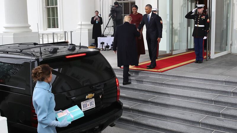 Toe-curling: Melania Trump gets left behind when she and her husband meet the Obamas at the White House. Photograph: Mark Wilson/Getty