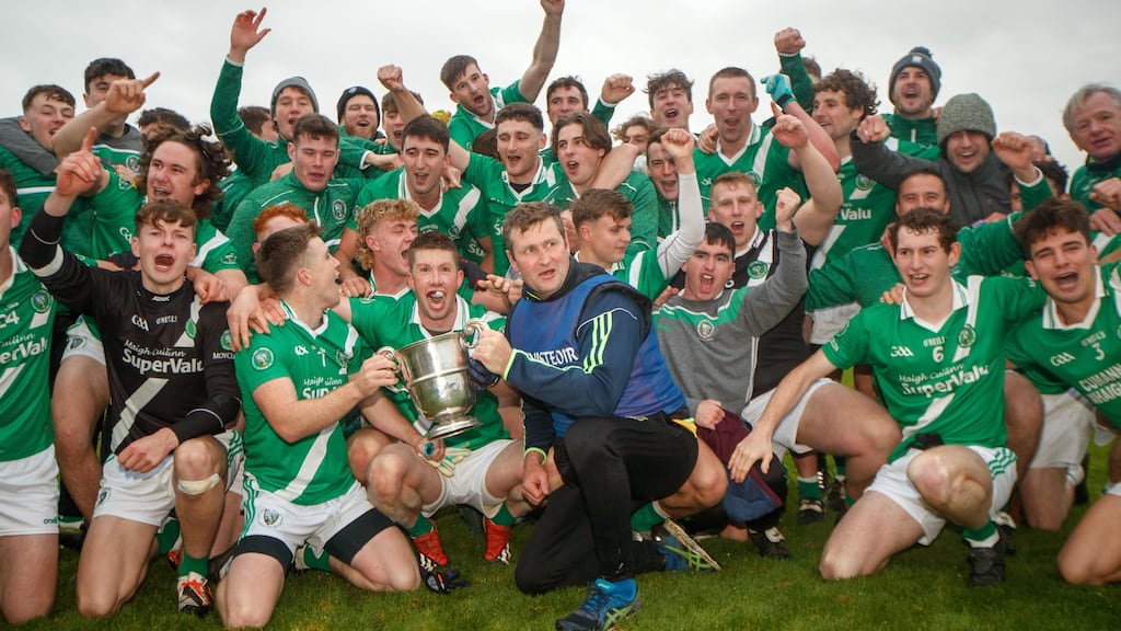 Moycullen’s players celebrate beating Mountbellew-Moylough in the Galway SFC Final at Pearse Stadium in Salthill. Photograph:  James Crombie/Inpho