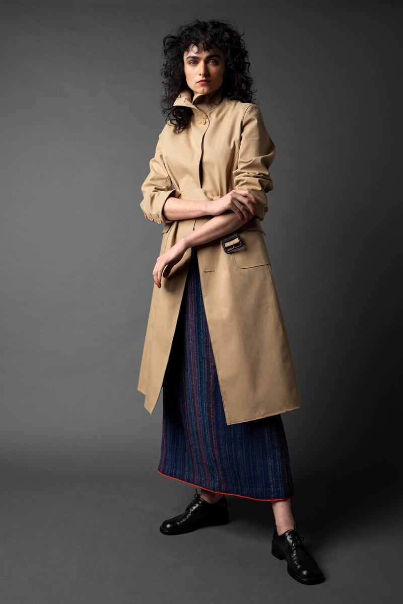 Stable mac trench coat €895, limited edition tweed skirt with traditional leather buttons made to order, price on request. Photograph: Barry McCall