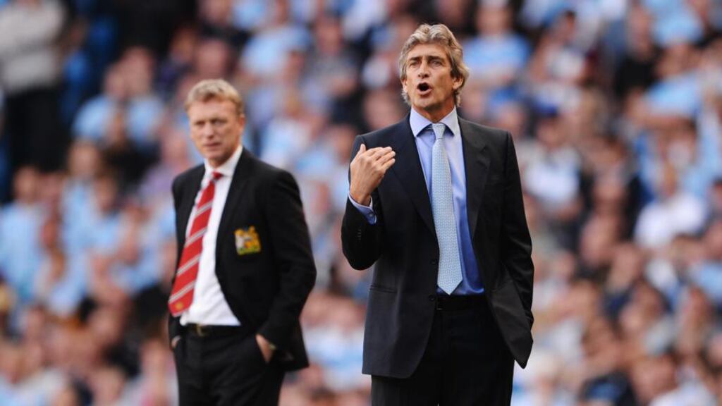 David Moyes of Manchester United and  Manchester City’s Manuel Pellegrini. Photograph: Michael Regan/Getty Images