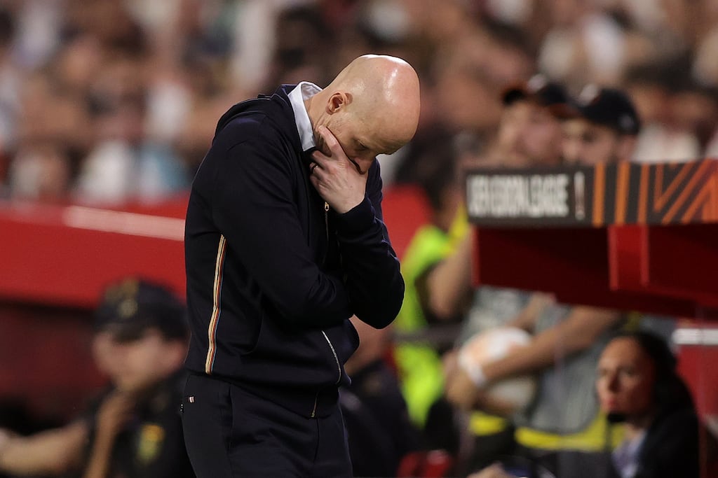 Erik ten Hag during Manchester United's Europa League defeat to Sevilla at Estadio Ramon Sanchez Pizjuan. Photograph: Gonzalo Arroyo Moreno/Getty Images