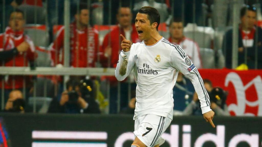 Real Madrid’s Cristiano Ronaldo celebrates his second goal against Bayern Munich.
