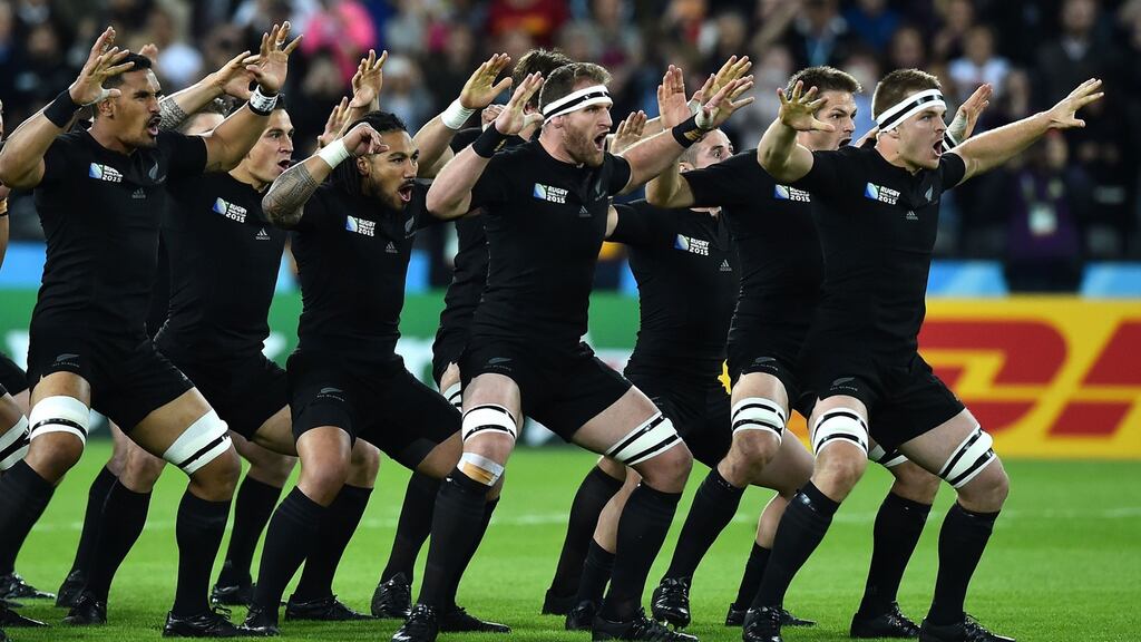 New Zealand’s flanker and captain Sam Cane (R) leading his teammates in the haka during a 2015 Rugby World Cup match in London. Photograph: AFP/Getty Images