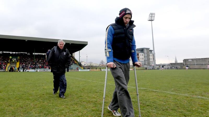 A familiar sight in recent years – Cork’s Colm O’Neill on crutches following his cruciate operation. James Crombie/Inpho