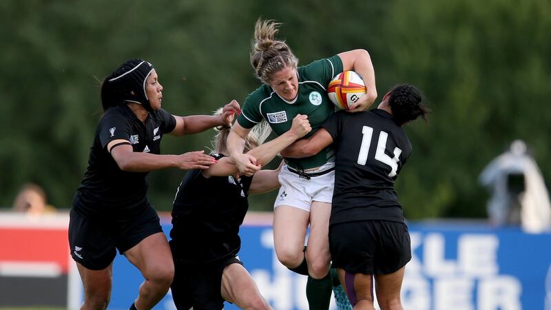Ireland’s Alison Miller finds her patch blocked against New Zealand. Photograph: Dan Sheridan/Inpho