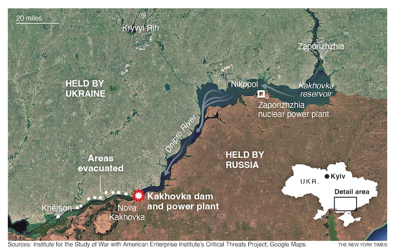 A major dam on the Dnipro River in southern Ukraine was destroyed early Tuesday, sending torrents of water cascading through the breach, flooding a war zone downstream, putting tens of thousands of residents at risk and raising the possibility of long-lasting environmental and humanitarian disasters. Map: New York Times