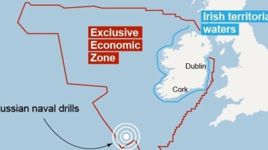 The naval drills were due to take place outside Ireland’s sea territory but within the State’s exclusive economic zone (EEZ) about 240km off the coast of west Cork