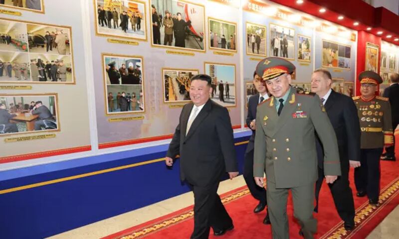 Kim Jong-un with Russia's defence minister Sergei Shoigu in North Korea in July. Photograph: KCNA via KNS/AFP/Getty Images