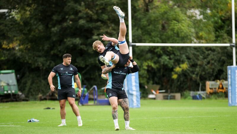 Thomas Clarkson, Conor O’Tighearnaigh and Andrew Porter at Leinster Rugby squad training in UCD on Tuesday. Photograph: Nick Elliott/Inpho