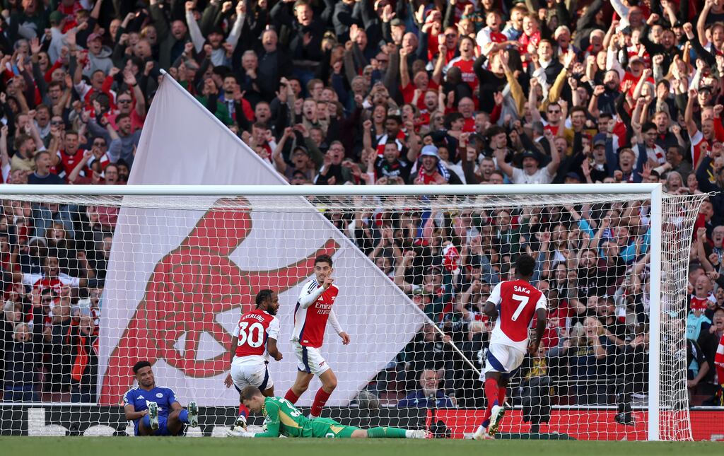Kai Havertz scores Arsenal's fourth goal in stoppage time during the Premier League match against Leicester City at the Emirates Stadium. Photograph: Julian Finney/Getty Images