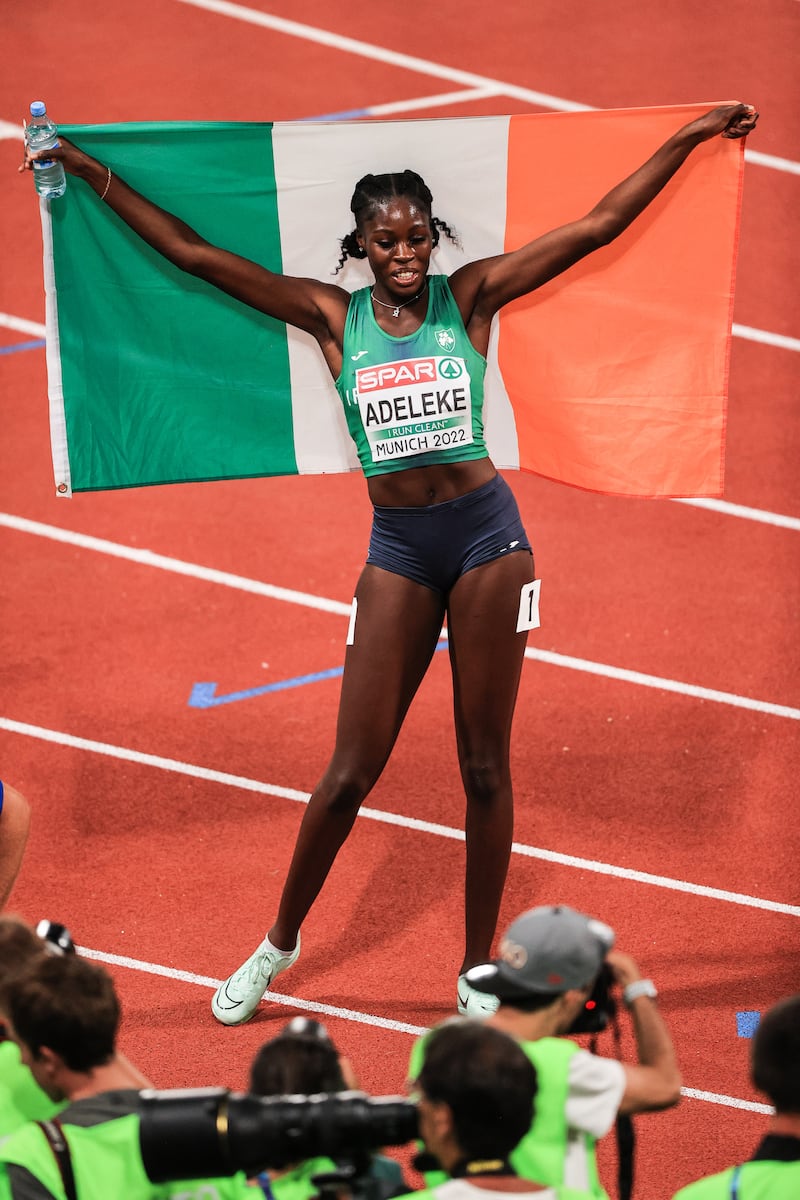 Speed queen: Rhasidat Adeleke celebrates after setting a new Irish record for the 400 metres at the 2022 European Championships. Photograph: Tom Maher/Inpho