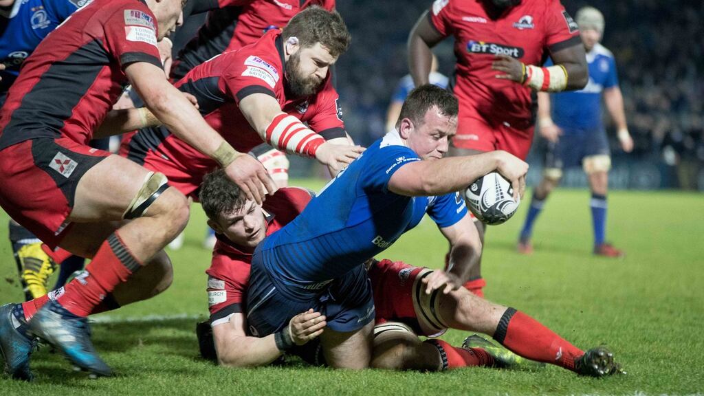 Leinster’s Bryan Byrne streches over to score a try during the Guinness Pro 12 game against Edinburgh at the RDS. Photograph: Morgan Treacy/Inpho