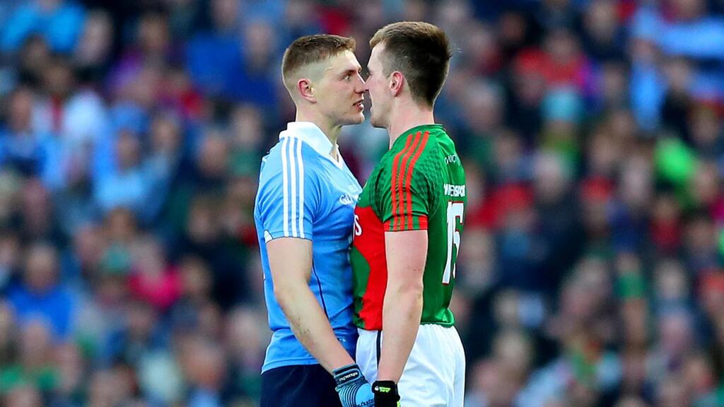 Dublin’s John Small and Cillian O’Connor of Mayo square up during the 2016 All-Ireland SFC Final replay atCroke Park. Photograph: James Crombie/Inpho