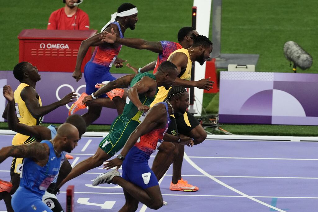 US athlete Noah Lyles crosses the finish line to win the men's 100m final at the Paris 2024 Olympic Games, in the closest race in Olympics history.  Photograph: Dimitar Dilkoff/AFP via Getty Images