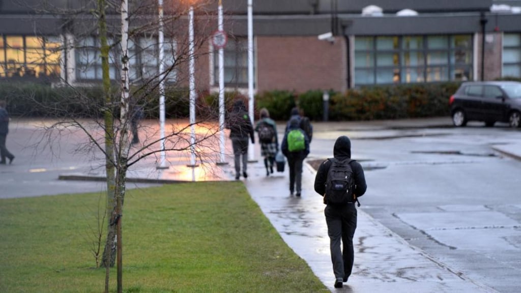 ‘What’s slightly tricky to understand about Coláiste Eoin and Coláiste Íosagáin, secondary schools on the Stillorgan Road in Dublin, is that they are both linked and separate.’ Above, pupils arriving at Coláiste Eoin, Stillorgan, Co Dublin. Photograph: Eric Luke / The Irish Times