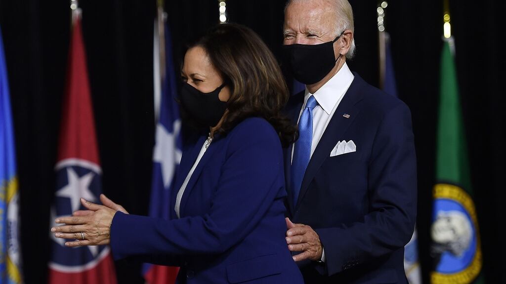 Double act: Democratic presidential nominee Joe Biden and his vice-presidential running mate Senator Kamala Harris arrive for their first press conference in Delaware. Photograph: Getty