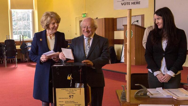 President Michael D Higgins and his wife Sabina photographed at St.Mary’s Hospital Phoenix Park Dublin casting their vote in the european and local elections. Photograph: Brenda Fitzsimons/The Irish Times
