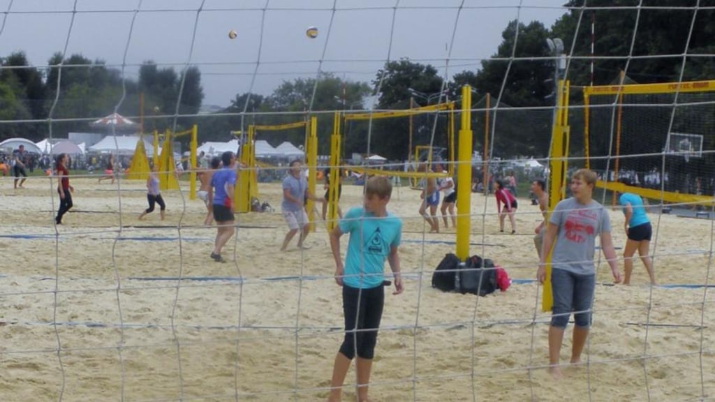 Gorky Park: Large inflated cushions are dotted around the place for tired citizens to plop down on and relax after a strenuous afternoon at the new beach volleyball arena. Photograph: Séamus Martin