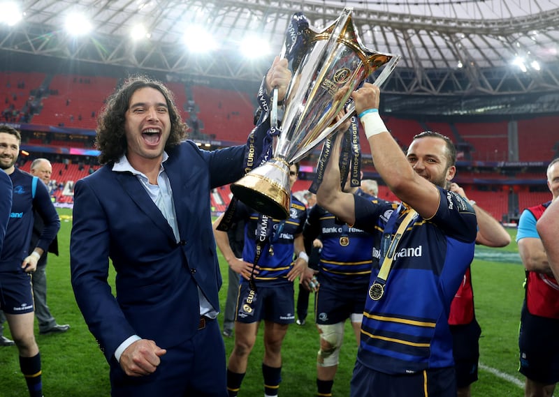 Leinster's James Lowe and Jamison Gibson-Park celebrate with the European Champions Cup trophy after the victory over Racing 92 in San Mames Stadium, Bilbao in 2018. Photograph: Dan Sheridan/Inpho