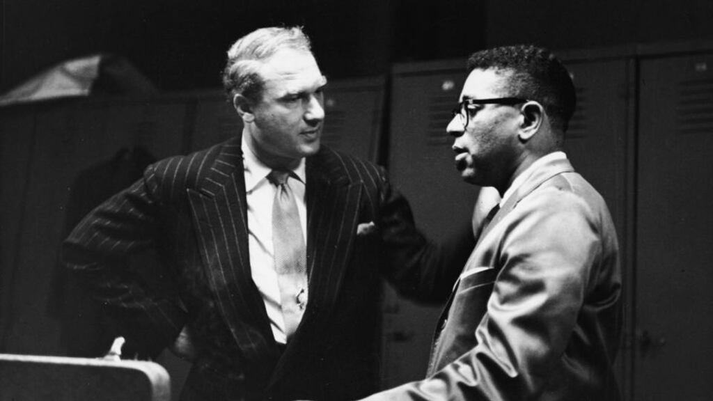 Jazz promoter Norman Granz and Legendary jazz trumpeter Dizzy Gillespie backstage at a Jazz at the Philharmonic concert, 1955. Photgraph: Metronome/Getty Images