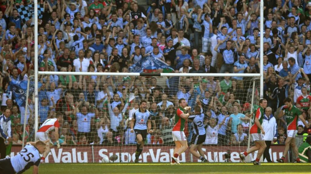Bernard Brogan celebrates his second goal against Mayo. Photograph: Dara MacDonaill