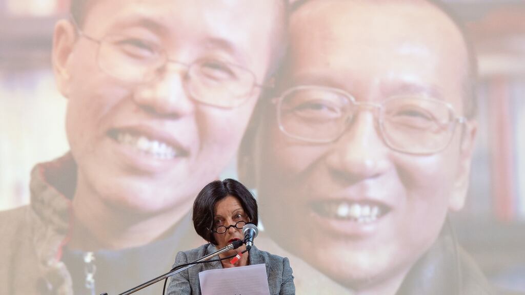 German novelist and poet Herta Müller reads some of Liu Xiaobo’s poems at a memorial service for the late Chinese Nobel Peace Prize laureate in Gethsemane Church in Berlin on Friday. Photograph: Jens Schlueter/EPA