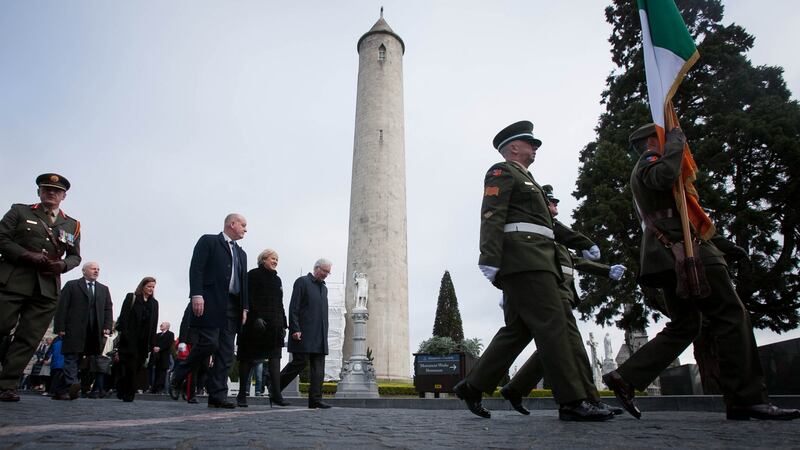 Members of the colour party at the O’Connell Tower in Glasnevin Cemetery during the Easter Sunday Ceremony. Photograph: Collins