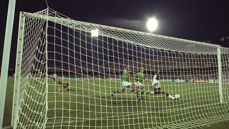 Lineker scores during the 1990 World Cup match against Ireland in Cagliari. Photo: David Cannon/Allsport
