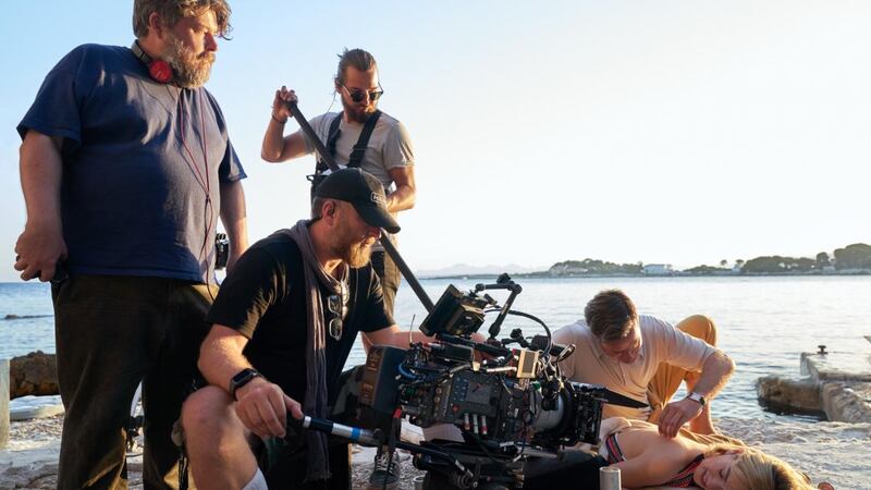Director Ben Wheatley with Rebecca crew, Armie Hammer as Maxim de Winter and Lily James as Mrs de Winter. Photograph: Kerry Brown/Netflix