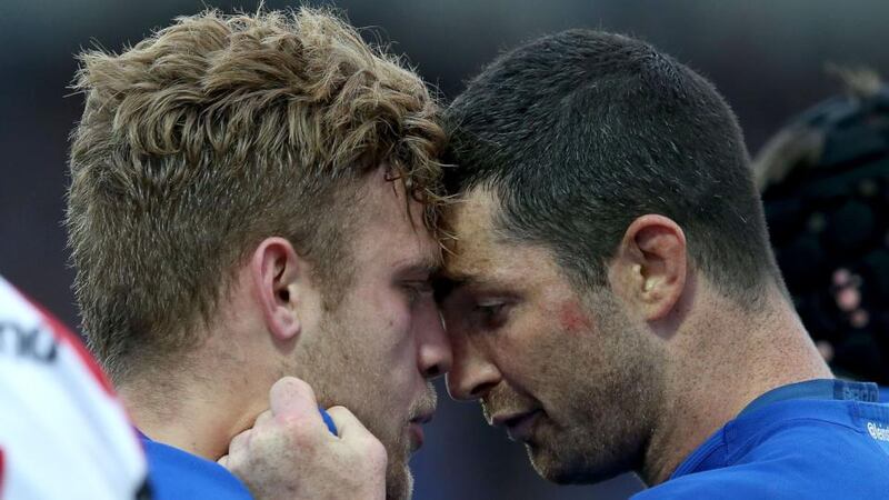 Ian Madigan celebrates his try with Leinster team-mate Rob Kearney in  the RaboDirect Pro12 semi-final against Ulster at the RDS. Photograph: Dan Sheridan/Inpho