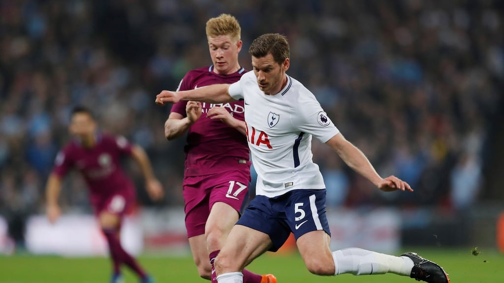 Tottenham’s Jan Vertonghen in action with Manchester City’s Kevin De Bruyne earlier this month. Photograph: Andrew Couldridge/Reuters