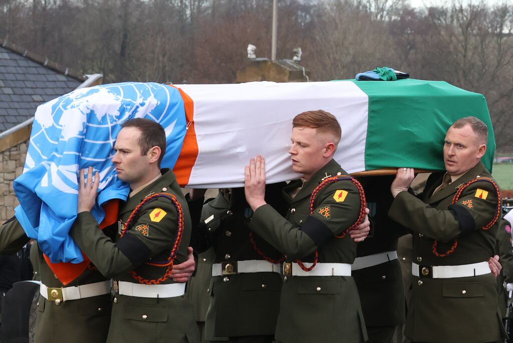 The burial service for Private Sean Rooney at All Saints Catholic Church, Colehill, Co Donegal. Photograph: Liam McBurney/PA
