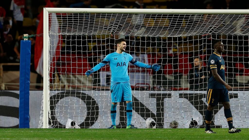 Tottenham’s Hugo Lloris and Victor Wanyama look dejected after Monaco’s Thomas Lemar scores their second goal. Photo: Matthew Childs/Reuters