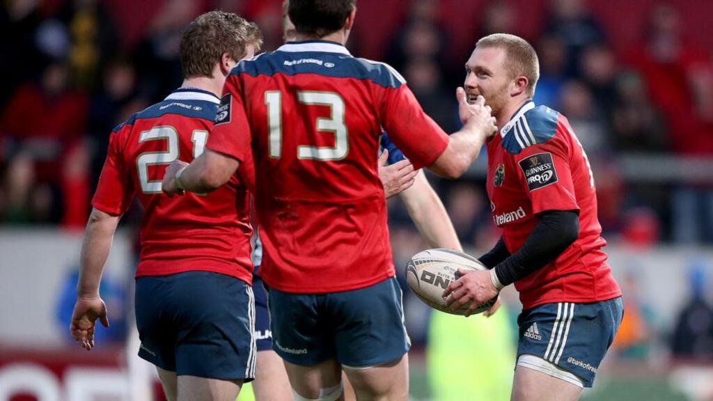 Munster’s Keith Earls celebrates scoring his side’s sixth try in the win against Connacht at Thomond Park. Photograph: James Crombie/Inpho