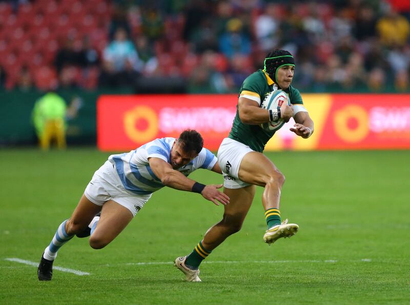 South Africa's Cheslin Kolbe breaks the defence of Argentina during the Rugby Championships match played at the Emirates Airline Park Stadium, Johannesburg, South Africa, July 29th, 2023.
