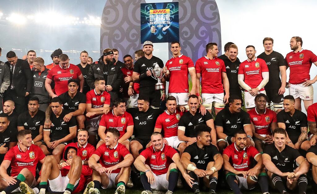 British and Irish Lions and New Zealand All Blacks’s teams on the podium after at the presentation of the series trophy. Photo: Billy Stickland/Inpho
